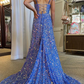 A-Linie Spaghettiträger Blau Pailletten Langes Ballkleid mit Federn nv676