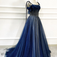 Blaues langes Tüll-Ballkleid mit Perlen, blaues Abendkleid nv606