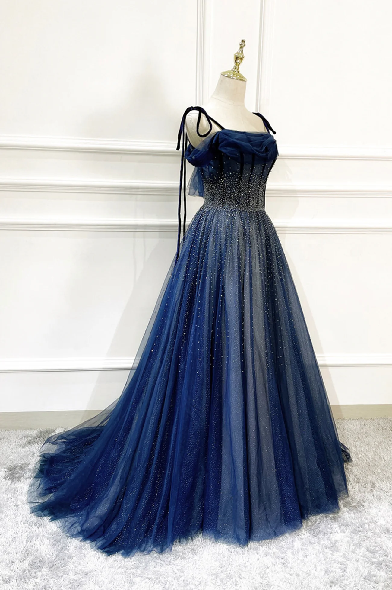 Blaues langes Tüll-Ballkleid mit Perlen, blaues Abendkleid nv606