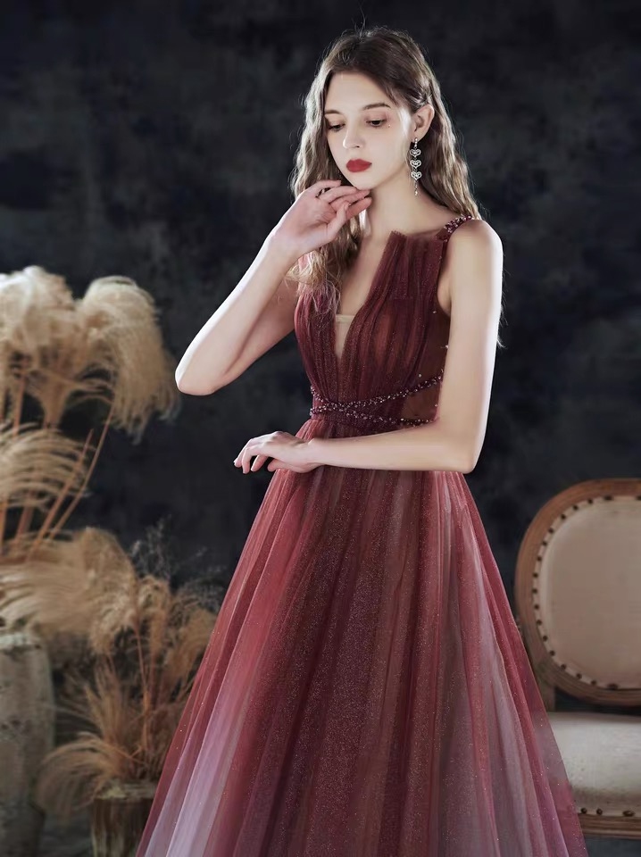 Ärmelloses Brautballkleid, neu, Sommer, rotes Ballkleid mit Farbverlauf, Partykleid mit V-Ausschnitt, nv618