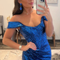 Blaues schulterfreies Meerjungfrau-Ballkleid mit Schlitz nv669