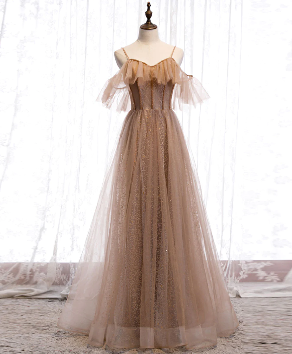 Champagner Tüll Pailletten langes Ballkleid Champagner Abendkleid nv880