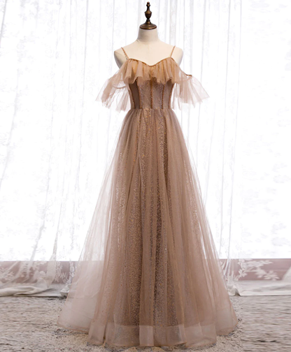 Champagner Tüll Pailletten langes Ballkleid Champagner Abendkleid nv880