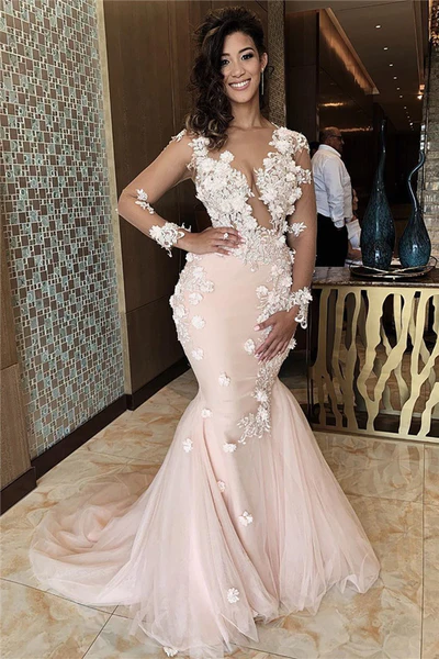 Ballkleid mit Meerjungfrauen-Spitze und Applikationen, V-Ausschnitt, Abendkleid, nv872