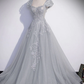 Robe de bal longue en tulle et dentelle grise, robe de soirée longue en tulle et dentelle grise nv596
