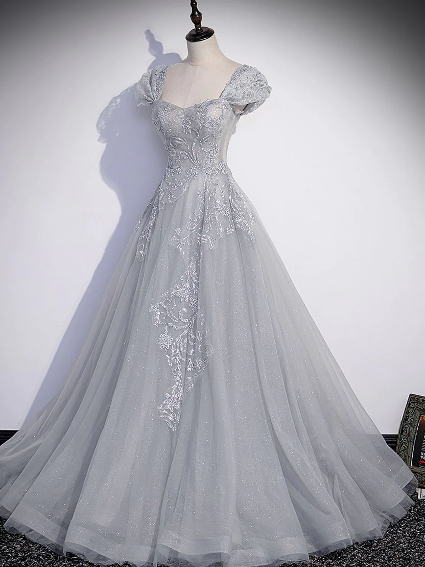 Robe de bal longue en tulle et dentelle grise, robe de soirée longue en tulle et dentelle grise nv596