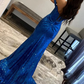 Blaues schulterfreies Meerjungfrau-Ballkleid mit Schlitz nv669