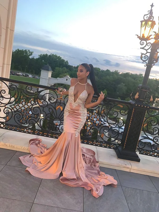 A-Linie, V-Ausschnitt, Meerjungfrau, langes Ballkleid, mit Schleppe und Applikationen, Ballkleid nv873