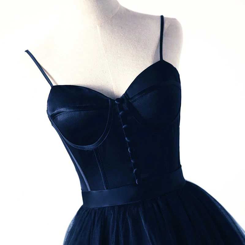 Charmante robe de soirée longue en tulle bleu marine et bretelles en satin, robe de bal bleu marine nv609