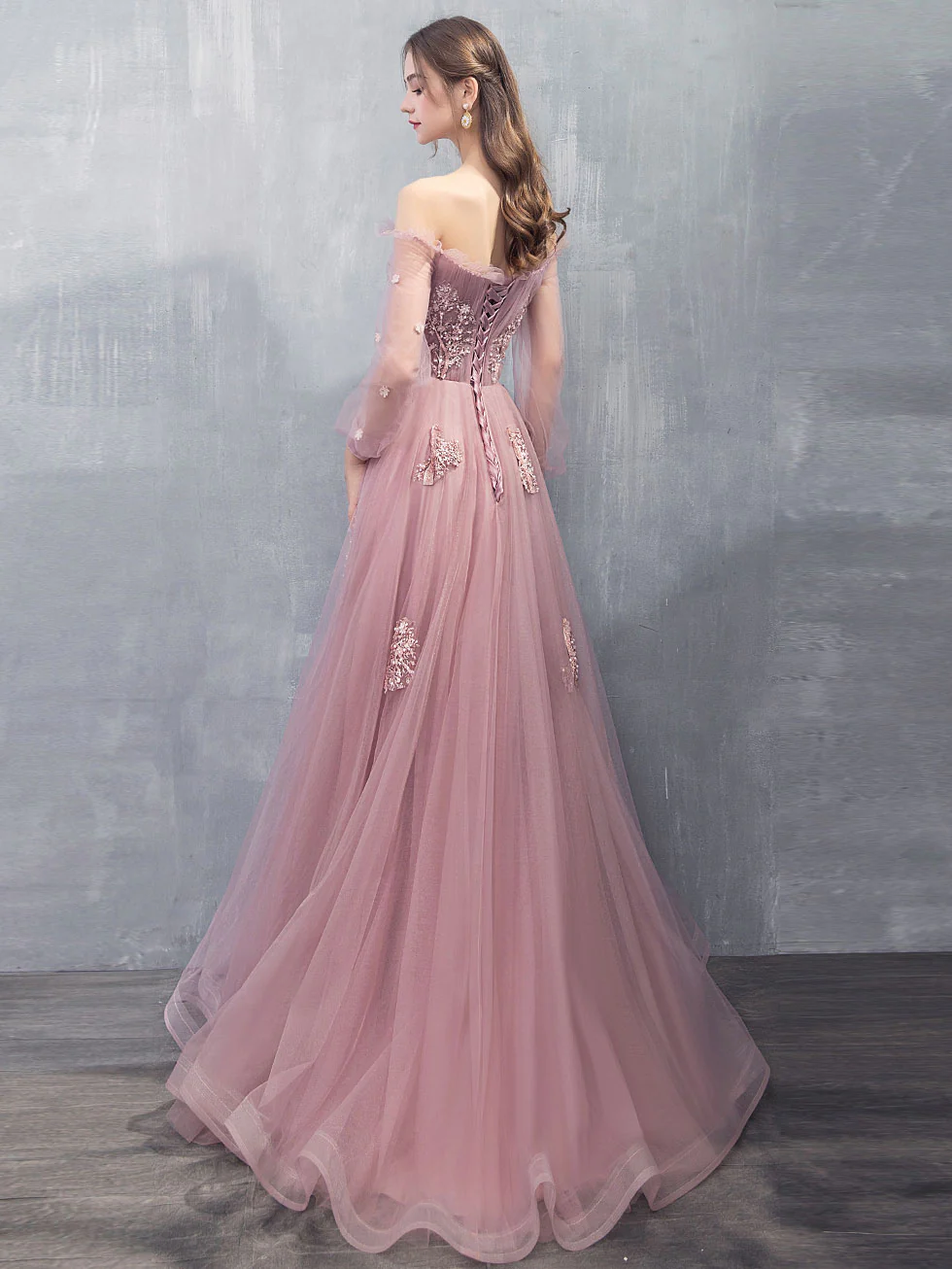 Robe de bal longue en tulle et dentelle rose coupe A Robe de soirée en dentelle rose nv861