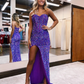 Cute Mermaid Sweetheart Blue Velvet Sequins Long Prom Dresses with Slit nv580