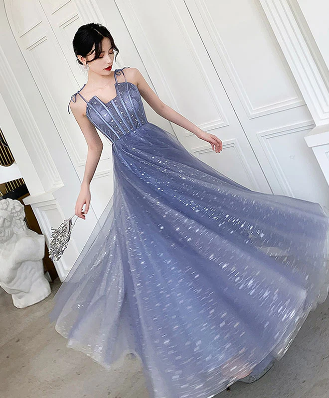 Robe de bal longue en tulle bleu, robe de soirée en tulle bleu nv598