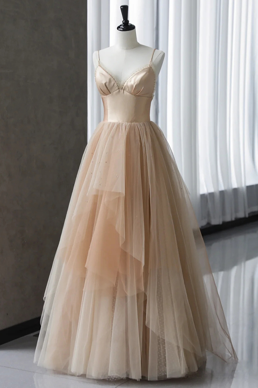Wunderschönes, langes Abendkleid mit Champagner-Trägern und tiefem Rückenausschnitt, Champagner-Partykleid nv878
