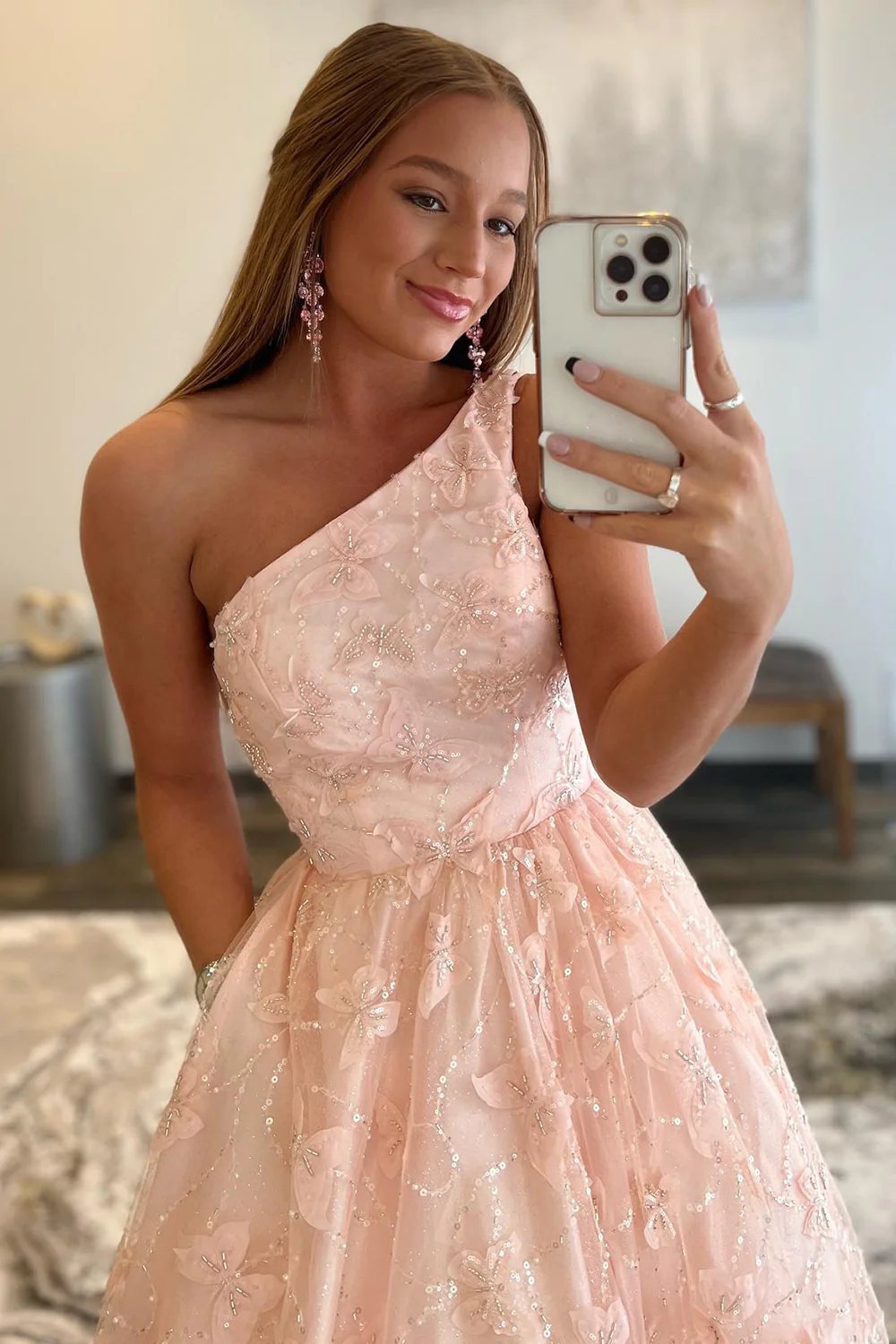 Light Pink One Shoulder Appliques Prom Dress with Pockets nv689