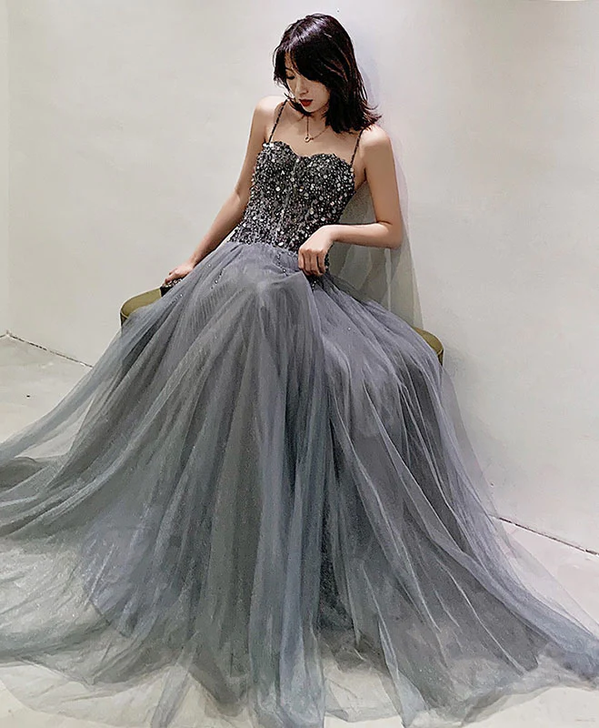 Robe de bal longue en tulle gris à sequins Robe de soirée en tulle gris nv883