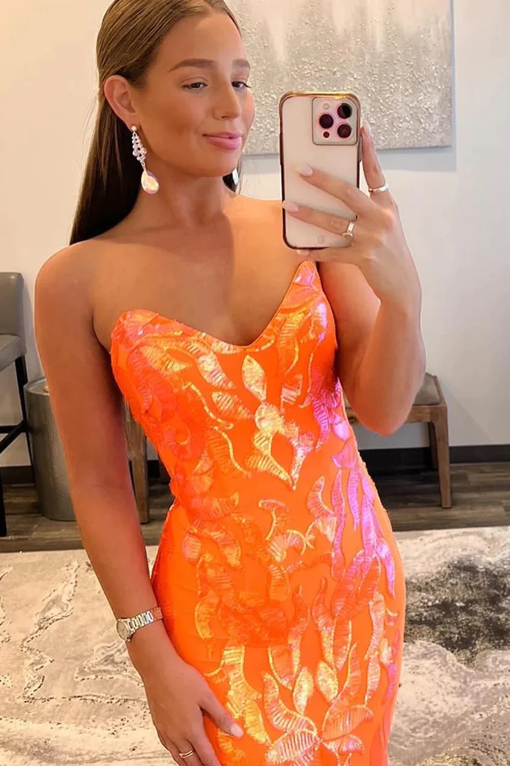 Sparkly Orange Sequin Sweetheart Lace-Up Back Long Prom Dress nv659