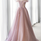Pink Tulle Long A-line Prom Dress, Lovely Off the Shoulder Evening Dress nv600