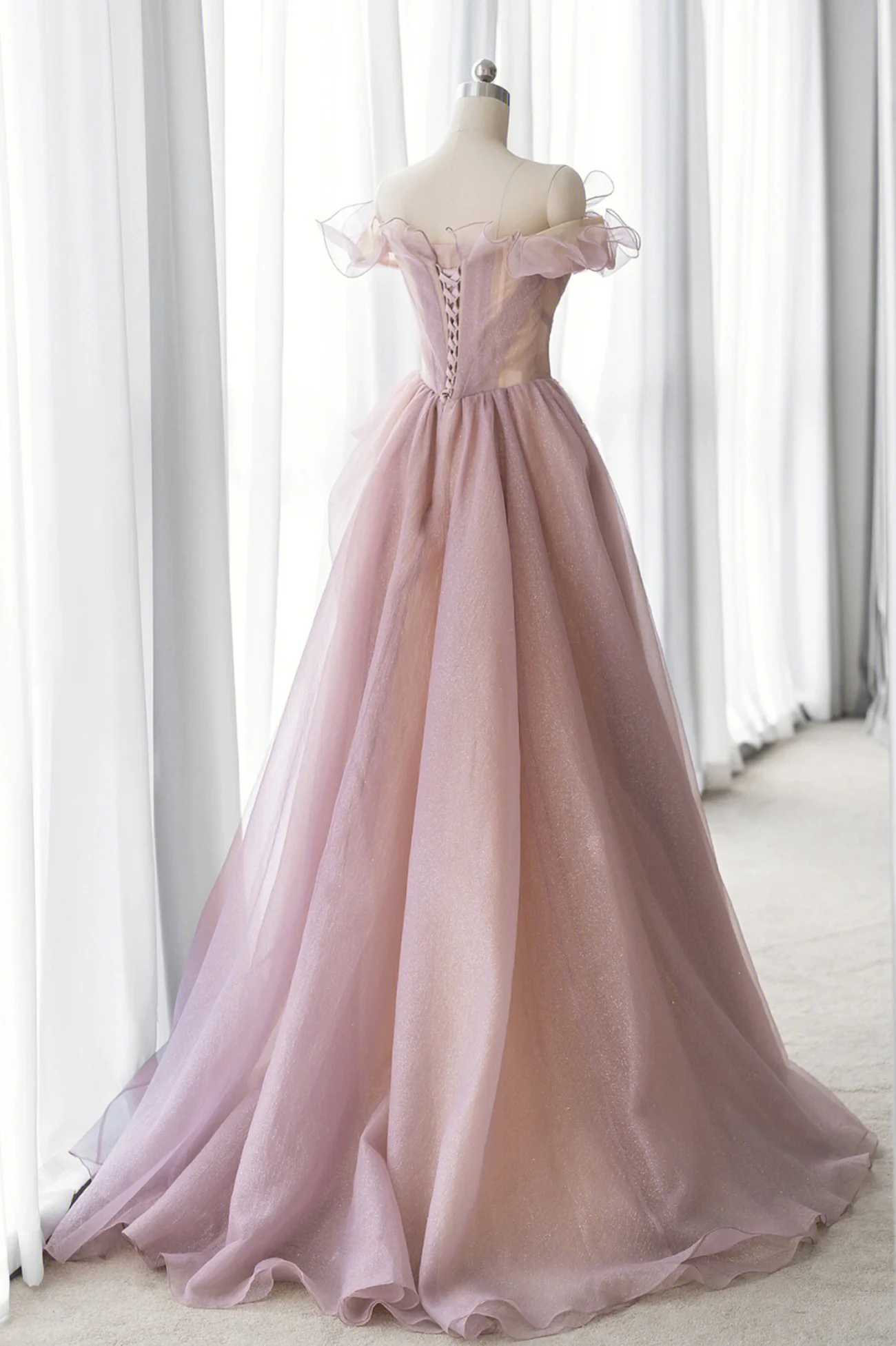 Pink Tulle Long A-line Prom Dress, Lovely Off the Shoulder Evening Dress nv600