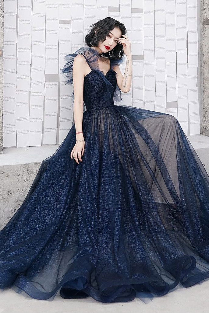 Dunkelblaues, langes Ballkleid aus Tüll mit herzförmigem Ausschnitt, blaues Abendkleid aus Tüll, NV615