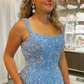 A-Linie, eckiger Ausschnitt, hellblaue Pailletten, langes Ballkleid, nv679