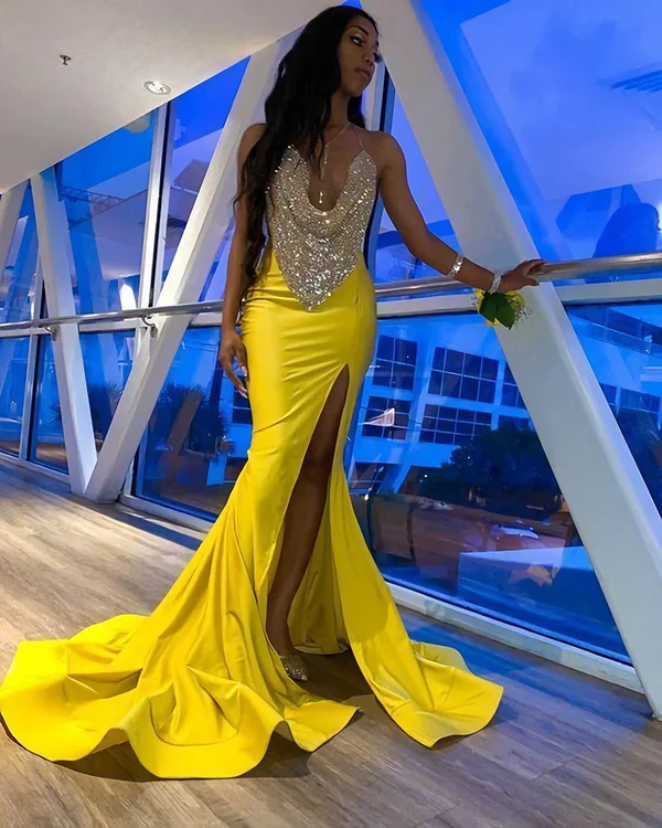 Abendkleider, Langes, funkelndes, schlichtes, gelbes, günstiges Abend- und Ballkleid im Meerjungfrauenstil nv874