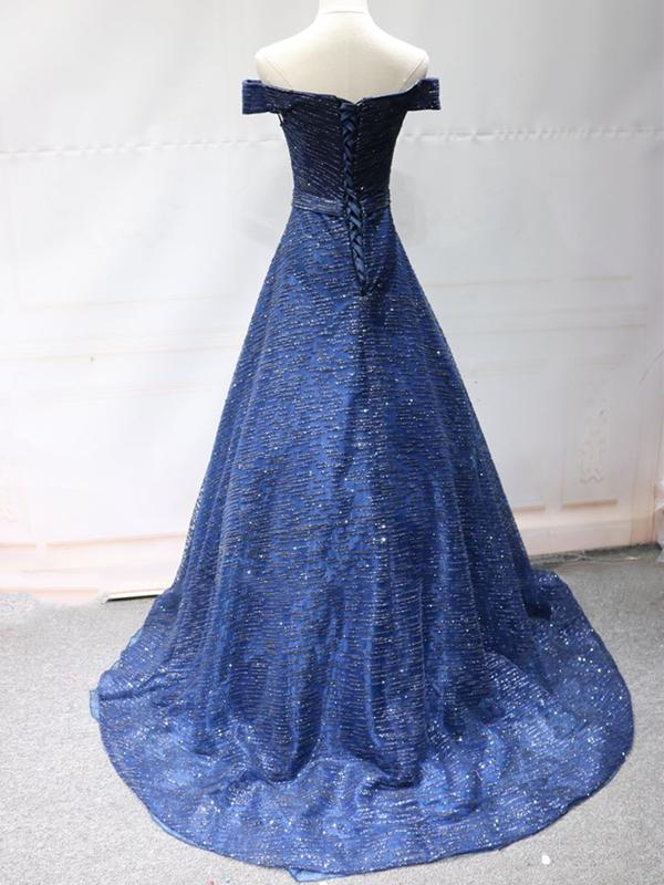 Glänzende schulterfreie, marineblaue, lange Ballkleider, schulterfreie, blaue Abendkleider nv608