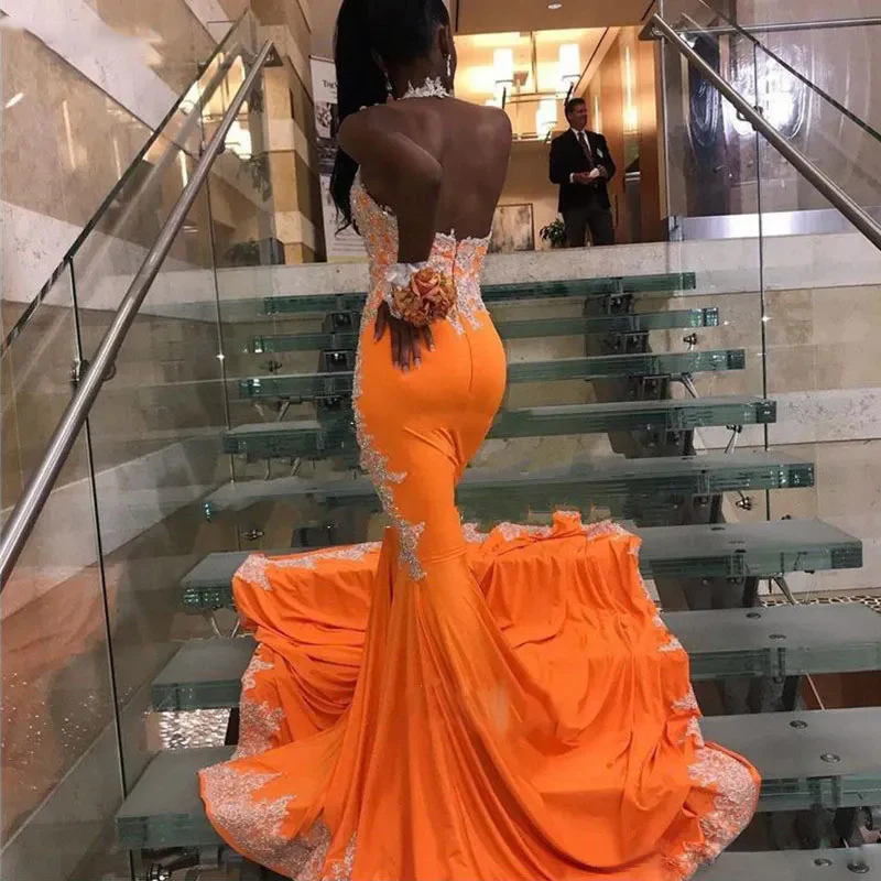 wunderschönes orangefarbenes Ballkleid im Meerjungfrauen-Stil für schwarze Mädchen, NV870