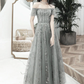 Graues schulterfreies A-Linien-Tüll mit Spitze, langes Partykleid, graues Abendkleid, Ballkleid nv593