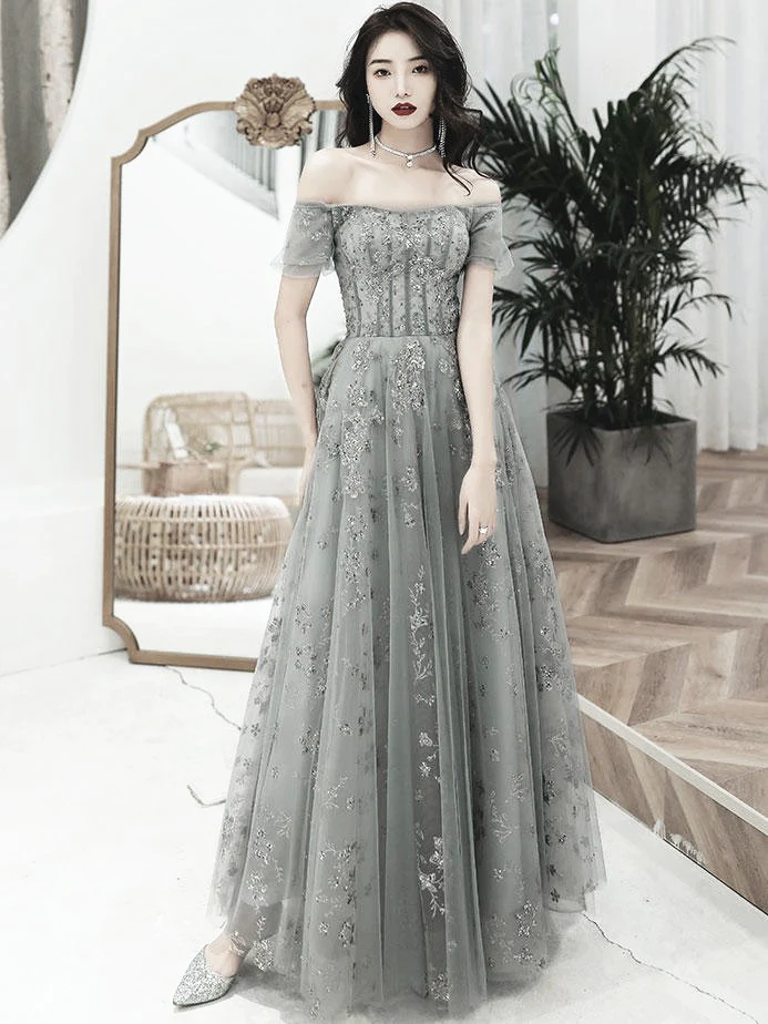 Graues schulterfreies A-Linien-Tüll mit Spitze, langes Partykleid, graues Abendkleid, Ballkleid nv593