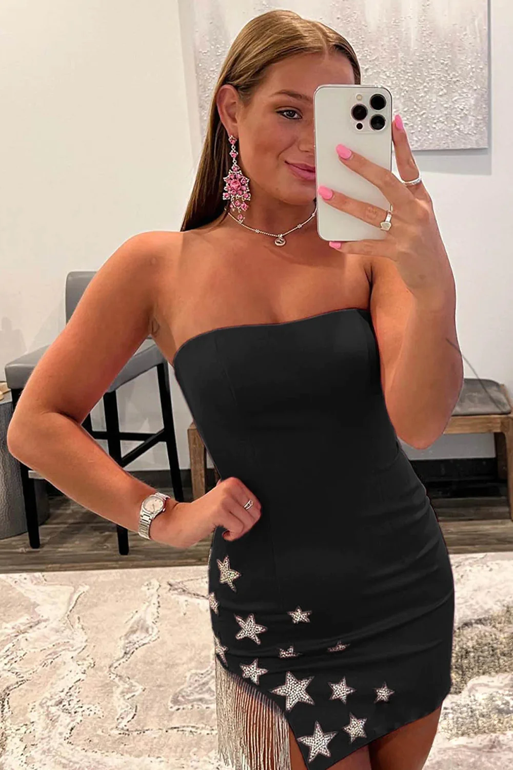 Rosa enges Homecoming-Kleid mit Stern und Fransen nv636
