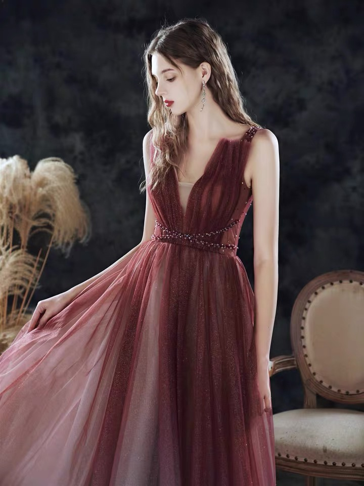 Ärmelloses Brautballkleid, neu, Sommer, rotes Ballkleid mit Farbverlauf, Partykleid mit V-Ausschnitt, nv618