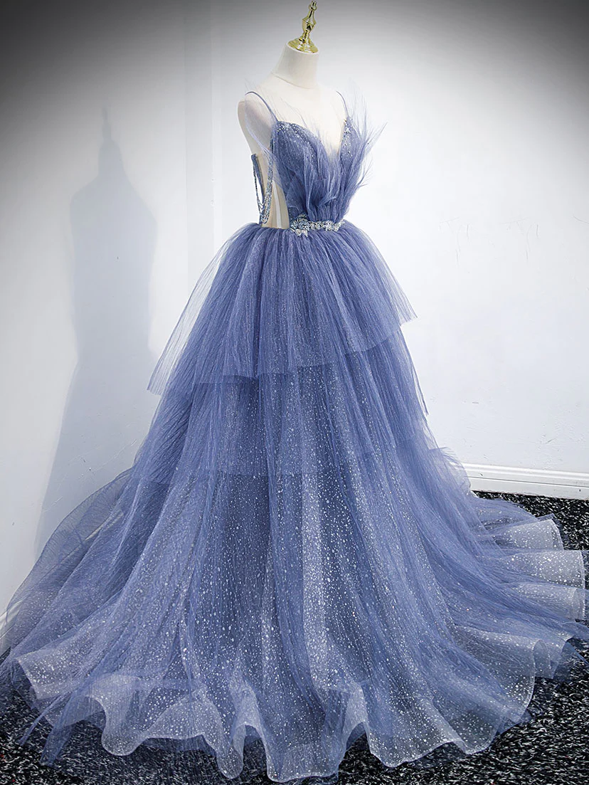 Robe de bal longue en tulle à paillettes et col en V, robe de soirée en tulle bleu nv865