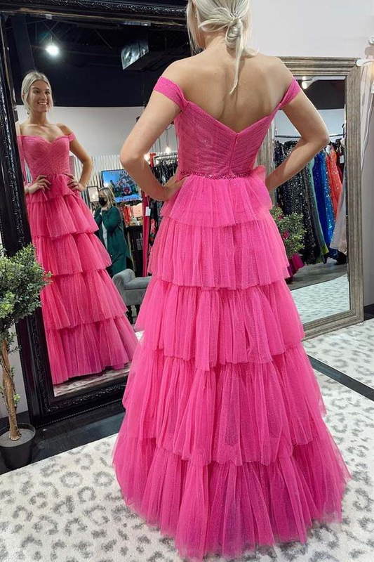 A-Linie Fuchsia Tüll Lange Ballkleider Formelle Abendkleider nv777