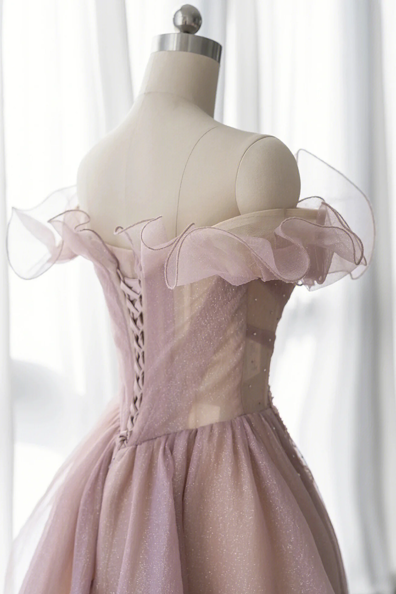 Pink Tulle Long A-line Prom Dress, Lovely Off the Shoulder Evening Dress nv600