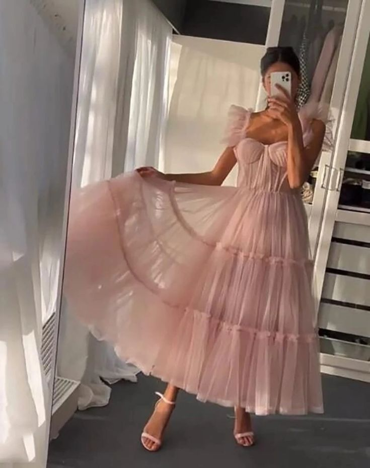 Tüllkleid mit Rüschenärmeln, A-Linien-Rock mit Rüschen, Brautjungfern-Partykleid, Abschlusskleid, Hochzeitspartykleid, Tüllkorsettkleid nv780