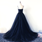 Charmante robe de soirée longue en tulle bleu marine et bretelles en satin, robe de bal bleu marine nv609