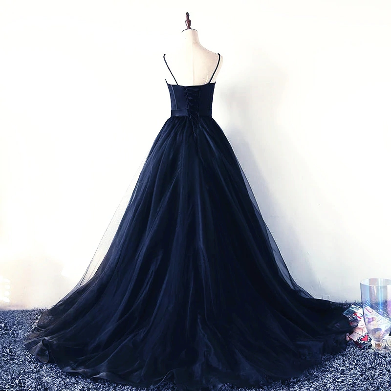Charmante robe de soirée longue en tulle bleu marine et bretelles en satin, robe de bal bleu marine nv609