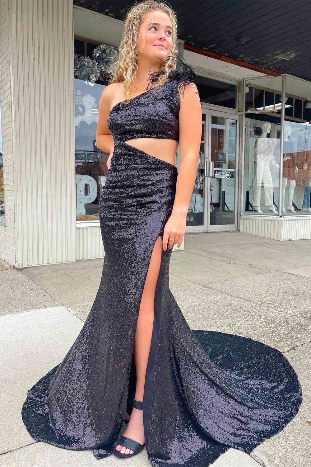 Cutout Blue One Shoulder Feathers Long Prom Dress nv837