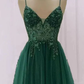 Emerald Green Tulle Prom Dress Beaded V Neck nv764