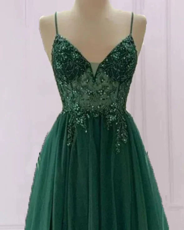 Emerald Green Tulle Prom Dress Beaded V Neck nv764