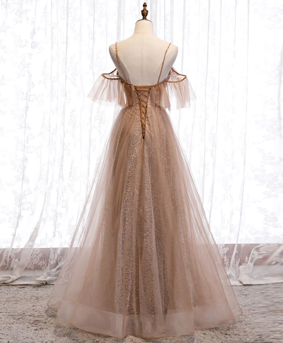 Champagner Tüll Pailletten langes Ballkleid Champagner Abendkleid nv880