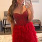 Rotes A-Linien-Ballkleid mit Perlenbesatz, Stufenschnitt, High Low, nv644