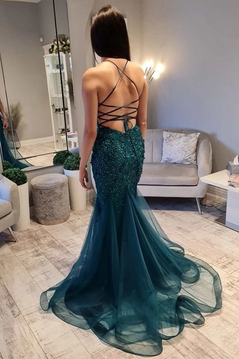 Hunter Green Floral Lace Lace-Up Back Mermaid Long Prom Gown nv856