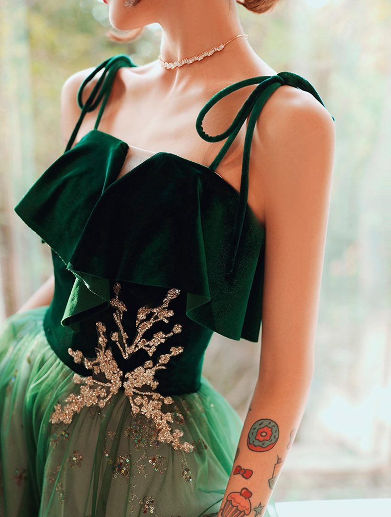 Grünes langes Abendkleid im Feentraum-Stil, Partykleid, Abschlussballkleid, nv586