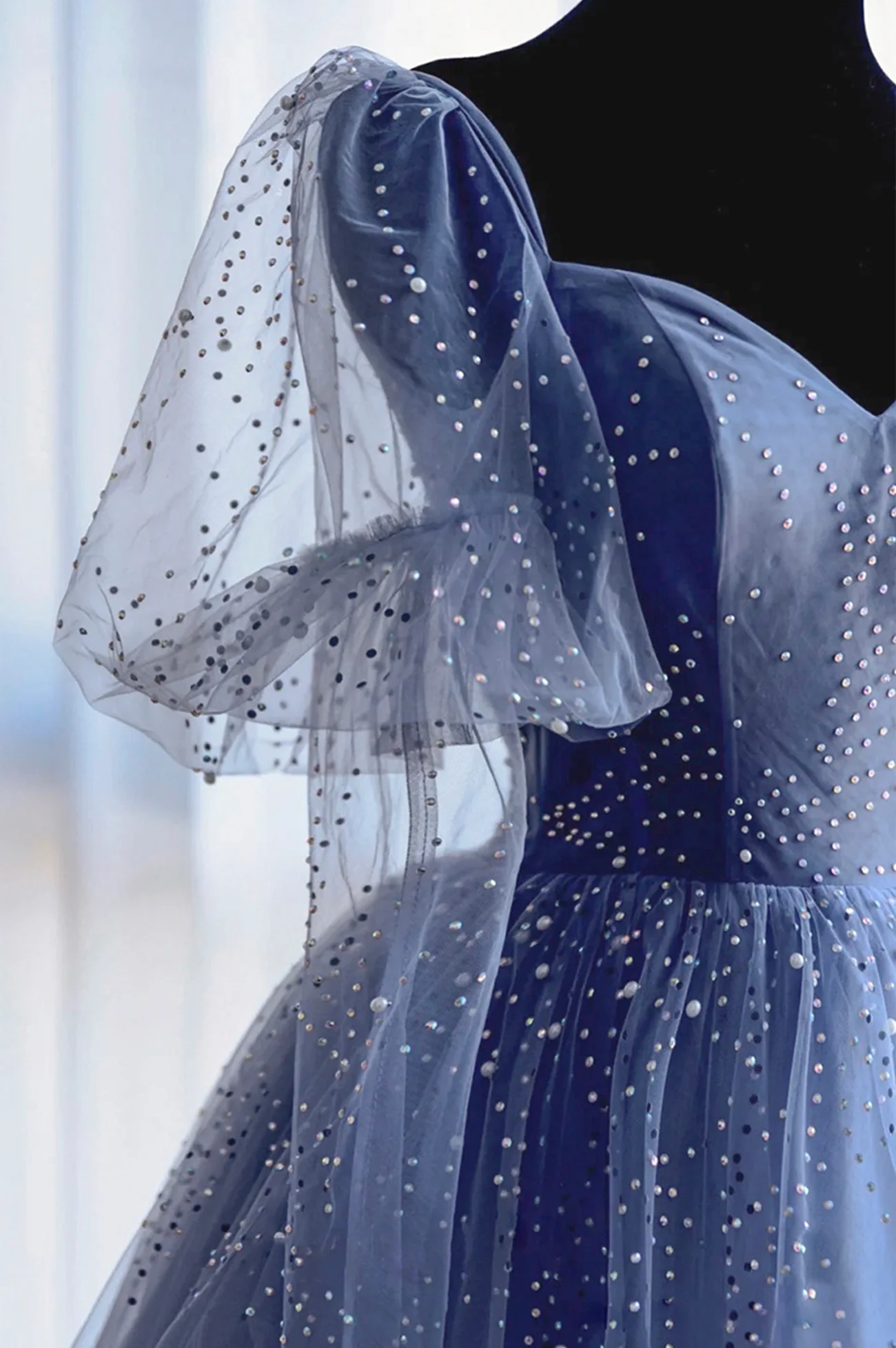 Robe de soirée longue en tulle bleu avec perles, robe trapèze nv875