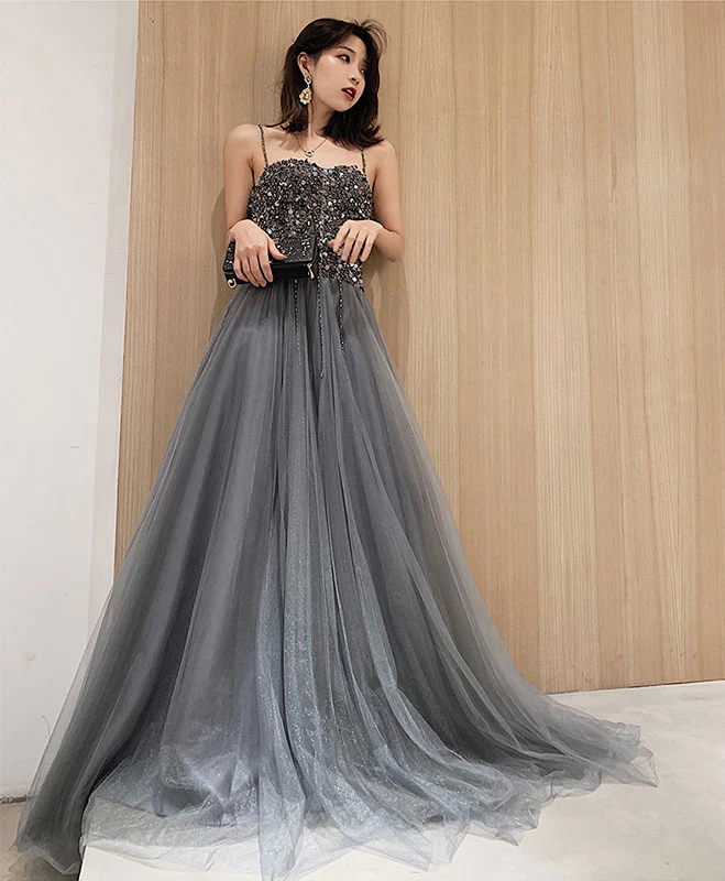 Robe de bal longue en tulle gris à sequins Robe de soirée en tulle gris nv883