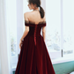 Burgunderrotes, elegantes, schulterfreies, langes Ballkleid-Abendkleid aus Samt, NV584