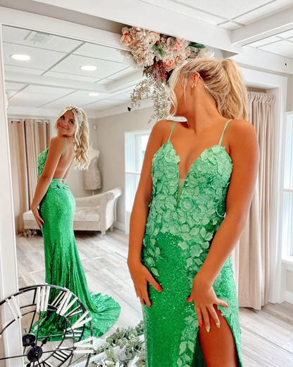 Robe de bal sirène mignonne à col en V et paillettes vertes avec appliques nv784