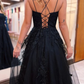 Robe de bal longue noire en tulle avec dentelle nv658