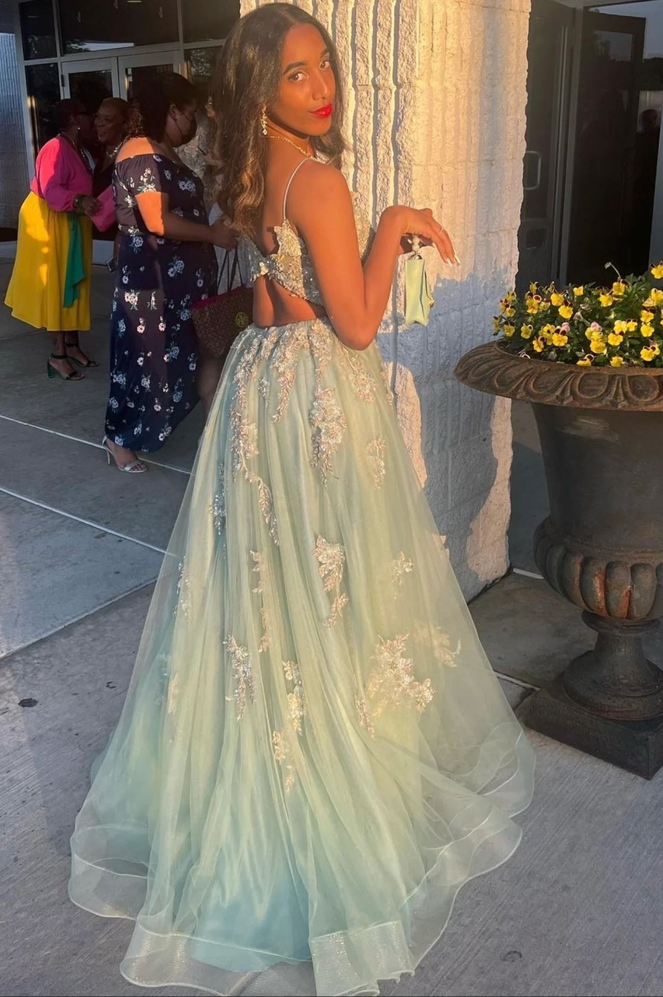 Green V-neck Lace Long Prom Dress, A-Line Evening Dress with Slit nv713
